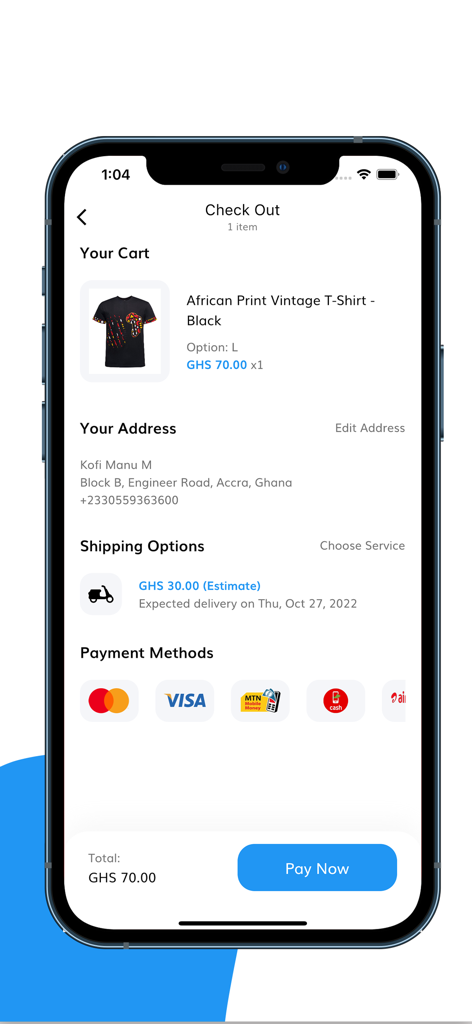 Tuduアプリのチェックアウトページ。カート内のヴィンテージTシャツとさまざまな支払い方法が表示されています。