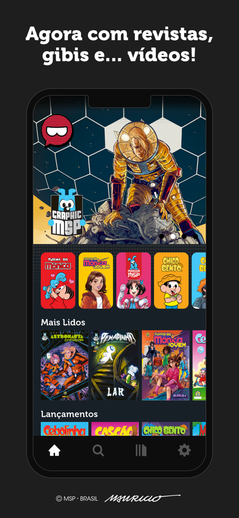 Monicaverso - Interface do aplicativo Monicaverso mostrando uma biblioteca de quadrinhos e animações digitais brasileiras