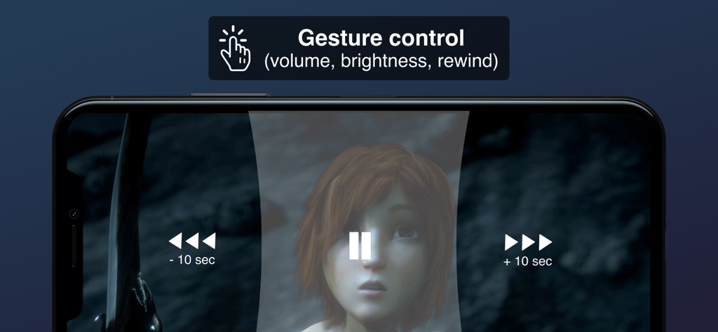 Liquid Player: Save Video - Liquid Player interface showing gesture controls for volume brightness and video scrubbing