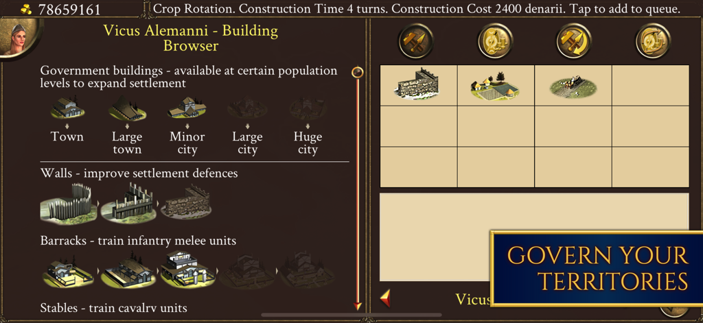The building browser interface in ROME Total War Barbarian Invasion showing settlement management options