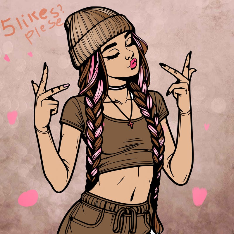 realistic teenage girl with braids and a beanie and crop top doing 🫶🏼