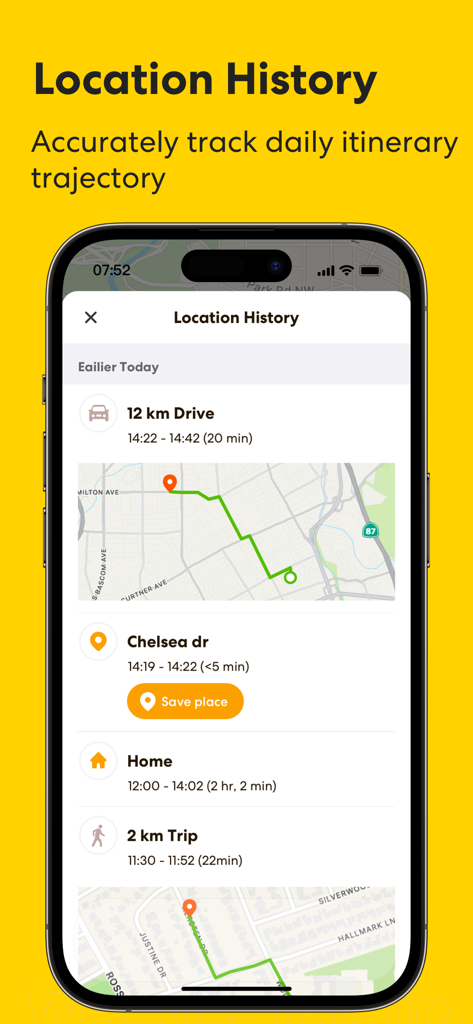HiPal: Phone tracker & Talkie - Interface of HiPal app showing a detailed daily location history with driving and walking paths on a map