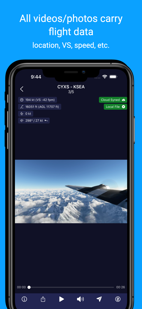SimFly Pad - iPhone screen displaying SimFly Pad app with a flight video and telemetry data including speed and altitude