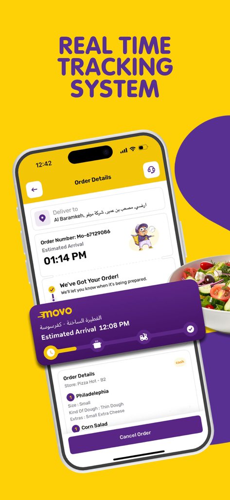 Movo - Delivery - Movo app screenshot showing a real time tracking system for a food order with estimated arrival time