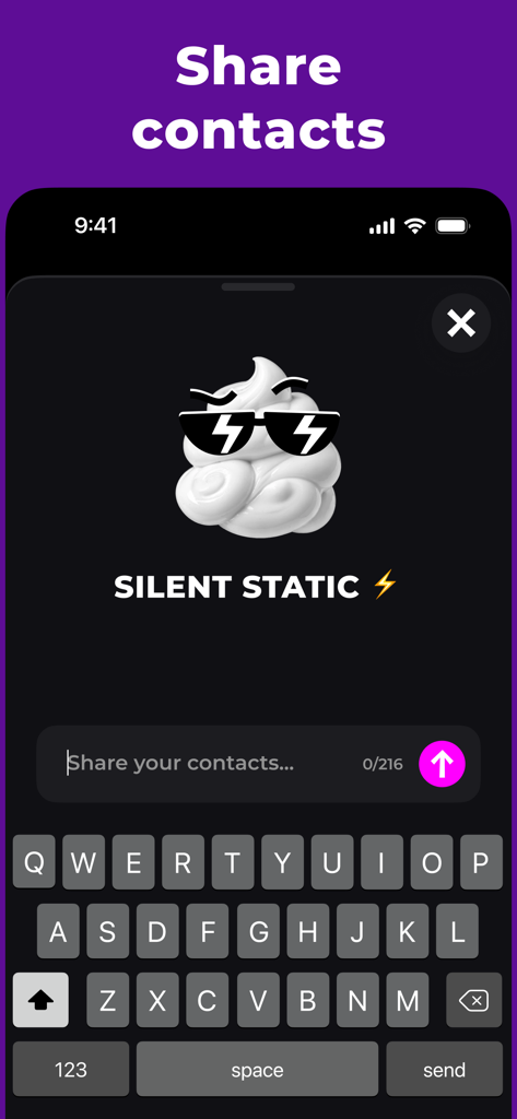 Interfaz de la aplicación Voisa para compartir detalles de contacto con un usuario llamado Silent Static.