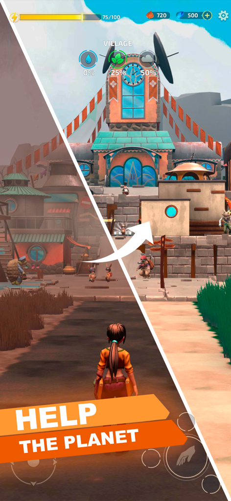 Ecotopia: Farm & craft game - A split screen image showing the transformation of a polluted wasteland into a clean green village in Ecotopia