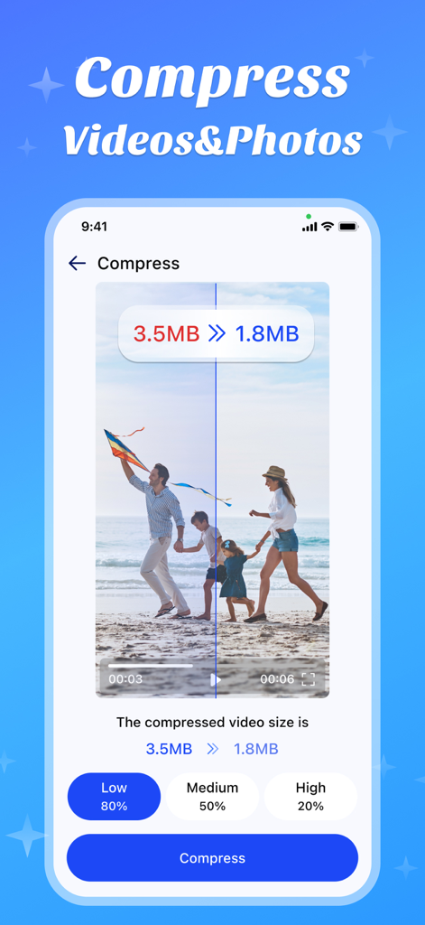 Amor Cleaner:AI Clean Up - Amor Cleaner app interface demonstrating video and photo compression to save storage space