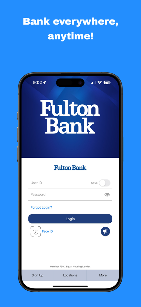 Fulton Bank Mobile Banking login screen showing user ID and password fields on an iPhone
