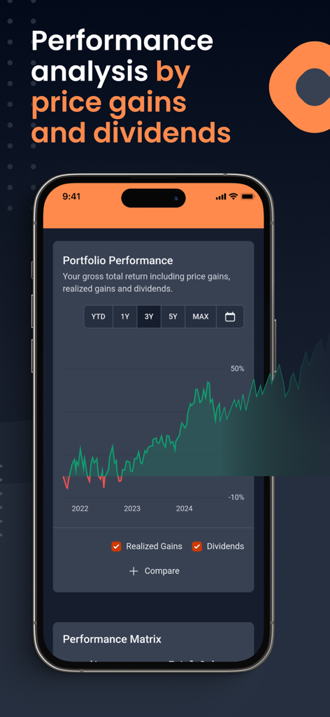 DivvyDiary - A smartphone screen displaying a portfolio performance chart showing price gains and dividends in the DivvyDiary app