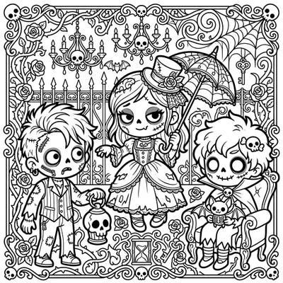Dive into a world where cute meets creepy with this charming Kawaii Gothic zombie coloring page. Featuring adorable undead children amidst ornate Victorian details, it offers a delightfully dark and sweet creative escape.