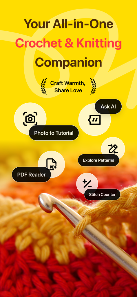 LoopCraft app screen showing features like stitch counter and AI assistant for crochet and knitting