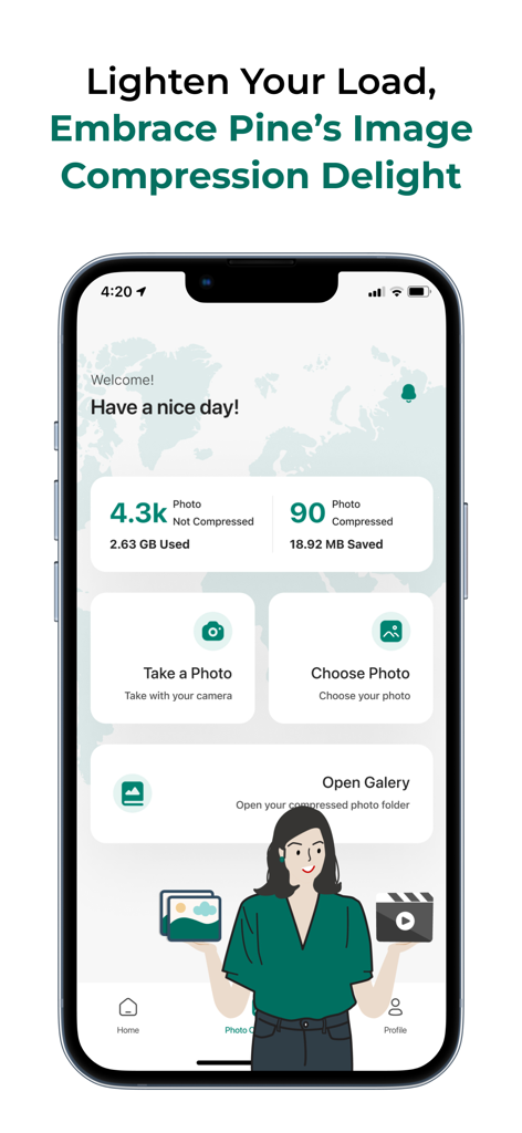 Interfaccia dell'app Pine VPN che mostra statistiche di compressione delle immagini e opzioni di risparmio di spazio