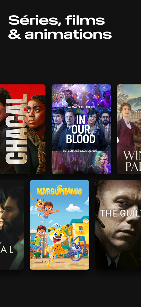 Play RTSアプリのインターフェース、Les MarsupilamisやIn Our Bloodを含むシリーズ、映画、アニメーションのセレクションを表示