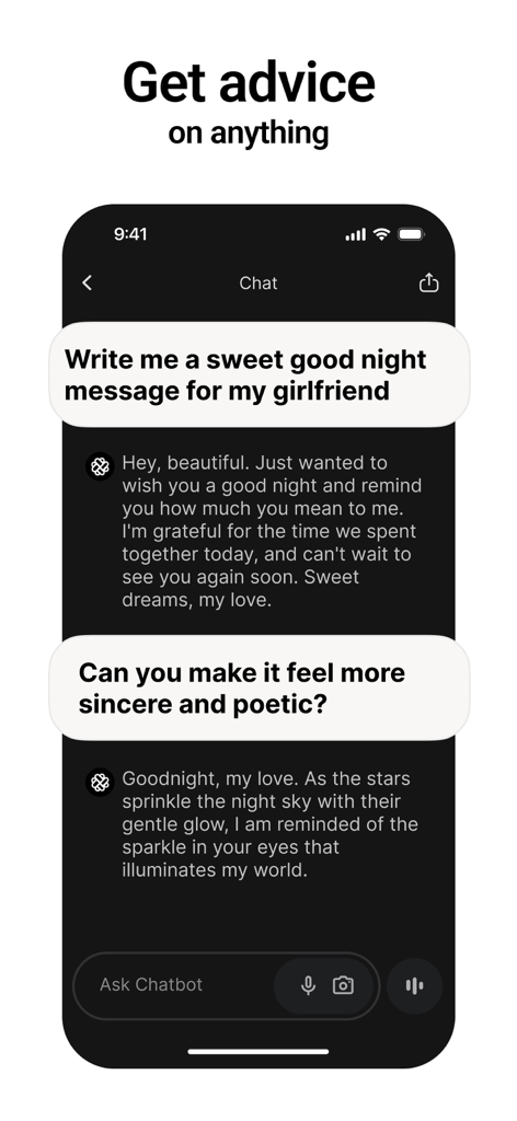Chatbot App - AI Assistant - Captura de pantalla de la aplicación Chatbot que muestra a un asistente de IA generando un mensaje poético de buenas noches.