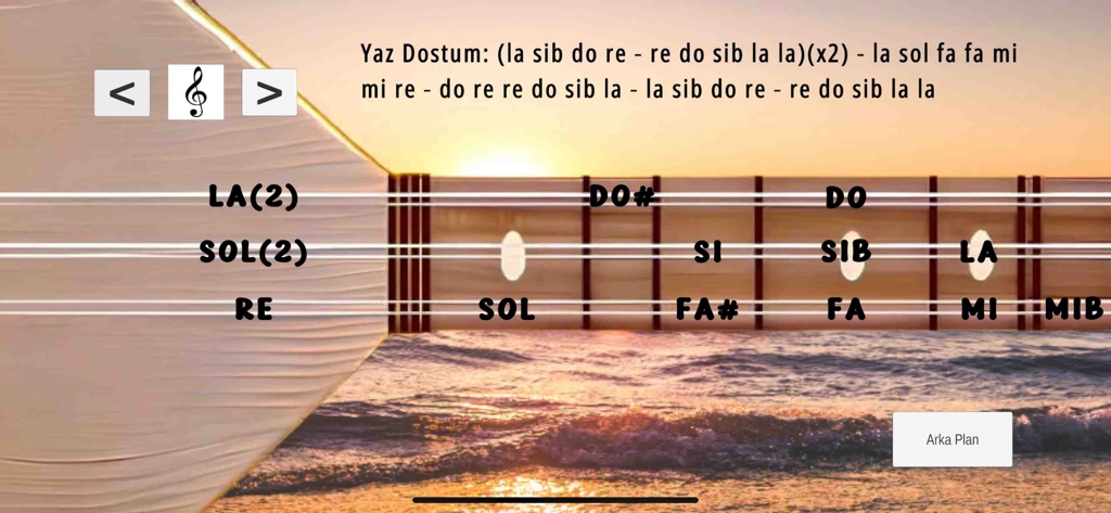 Interface of the Baglama Saz Cal app showing musical notes and a virtual instrument neck over a sunset background