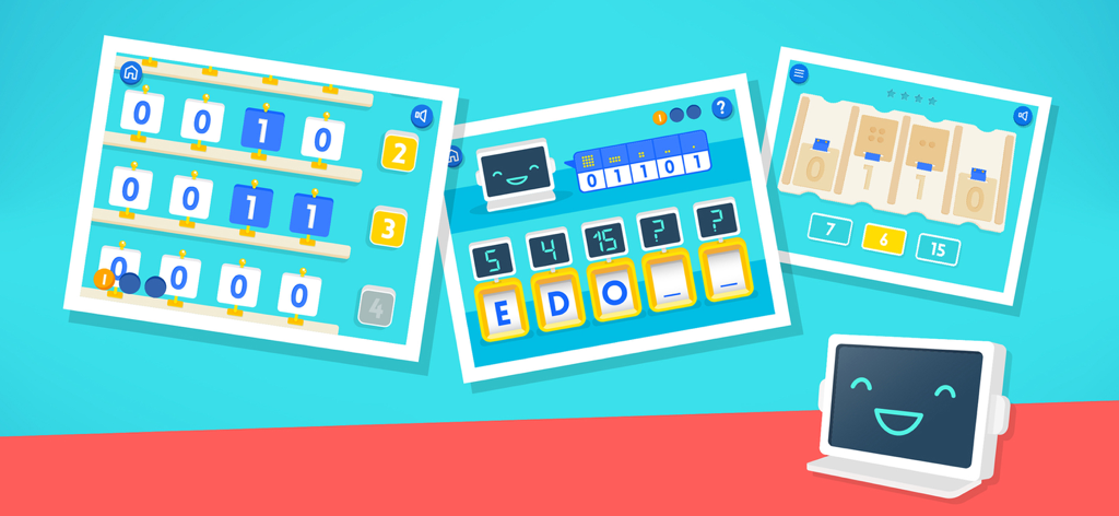 Tres capturas de pantalla de la aplicación Code Karts que muestran el conteo binario y puzles de lógica para niños.