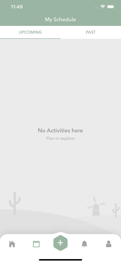 the studio. - Die Benutzeroberfläche der the studio.-App zeigt den Bereich 'Mein Zeitplan' mit Tabs für bevorstehende und vergangene Aktivitäten und einem minimalistischen salbeigrünem Design.