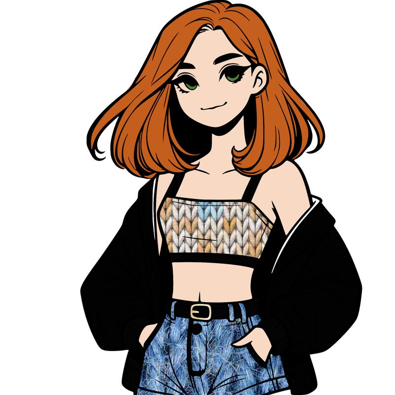 a realistic girl with a crop top and short shorts in an open jacket
