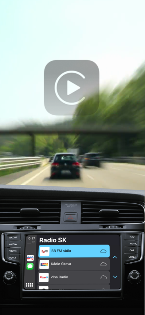 Radio SK app interface displayed on a car dashboard using Apple CarPlay while driving on a highway