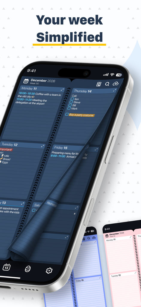 Planner: Daily, Weekly Diary - iPhone displaying the Planner app with a dark blue weekly calendar spread and a page flipping animation.