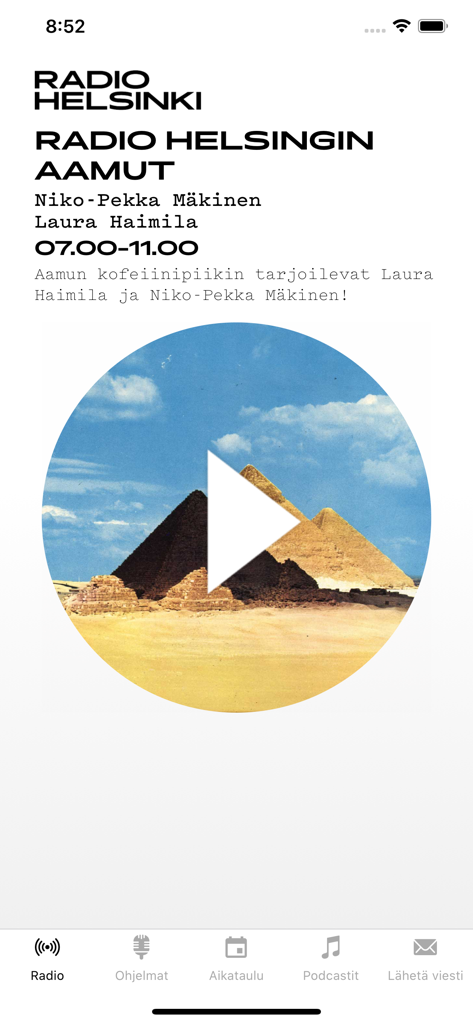 Radio Helsinki - Radio Helsinki mobile app screenshot showing the morning show program with a circular play button and navigation menu