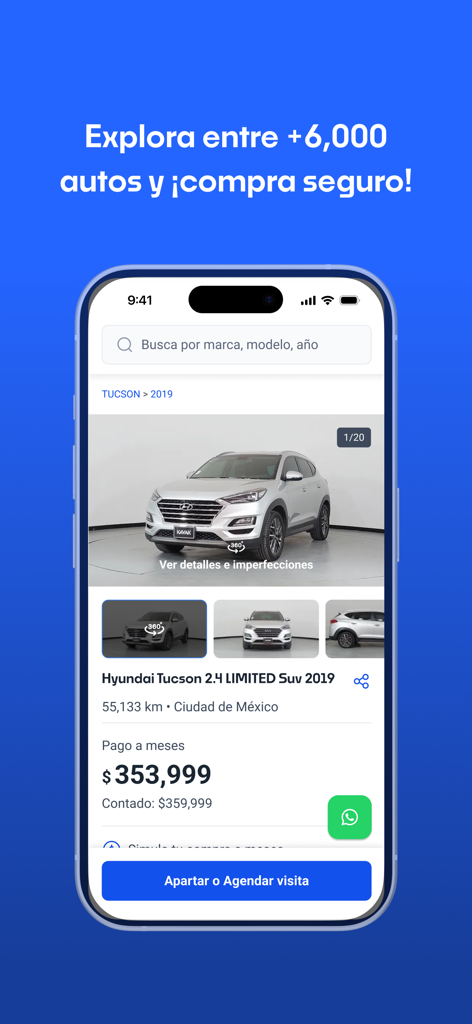 Kavak: Compra y venta de autos - Mobile screen of Kavak app showing a used Hyundai Tucson listing with price and mileage information