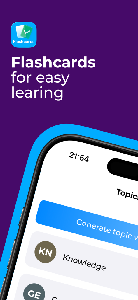 Flashcards: Easy Make & Learn - A partial view of the Flashcards app interface on an iPhone showing a study topics list and the app name.