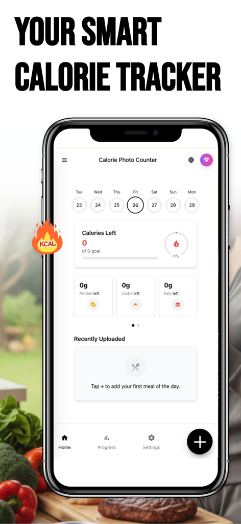 Calorie Photo Counter - iPhone displaying the Calorie Photo Counter app dashboard with calorie and macro tracking