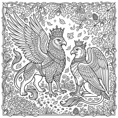 Journey into a fantastical realm with two majestic royal griffins, regally crowned amidst a bountiful autumn landscape. This intricate coloring page invites you to celebrate the season with mythical grace and detailed natural elements.