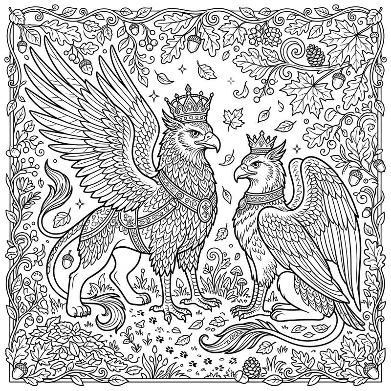 Journey into a fantastical realm with two majestic royal griffins, regally crowned amidst a bountiful autumn landscape. This intricate coloring page invites you to celebrate the season with mythical grace and detailed natural elements.