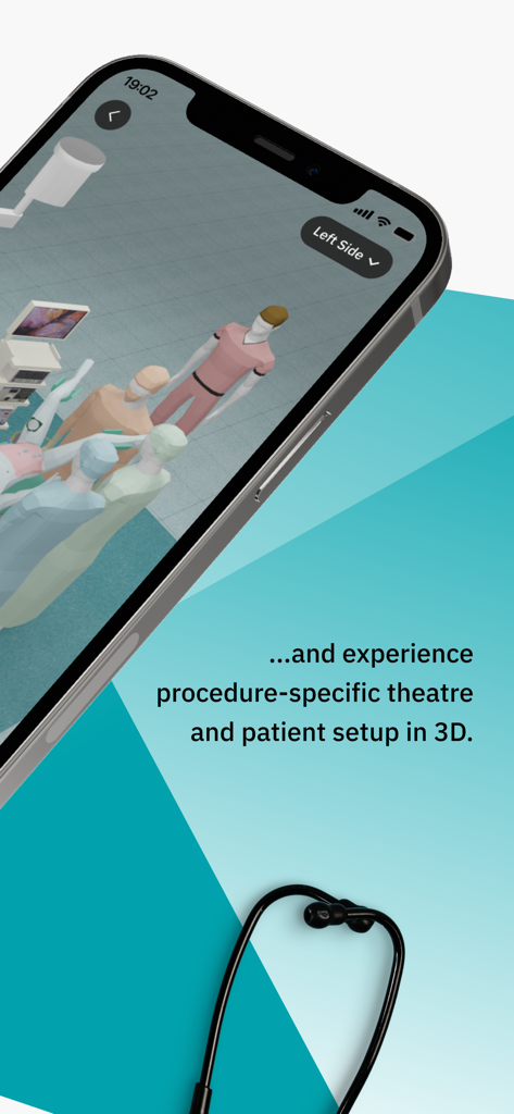 A smartphone displaying a 3D visualization of a surgical operating room and patient setup from the Incision Assist app.