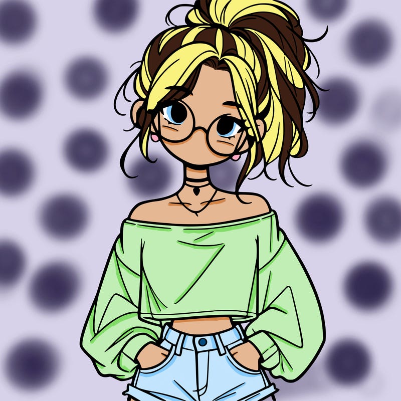 girl with a messy ponytail glasses a baggy crop top and jean shorts