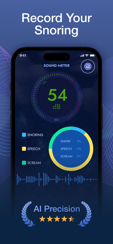 Snore Recorder app interface showing sound meter decibels and AI classification of sleep sounds like snoring and speech