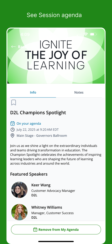 D2L Fusion app session agenda page showing D2L Champions Spotlight event details and speakers