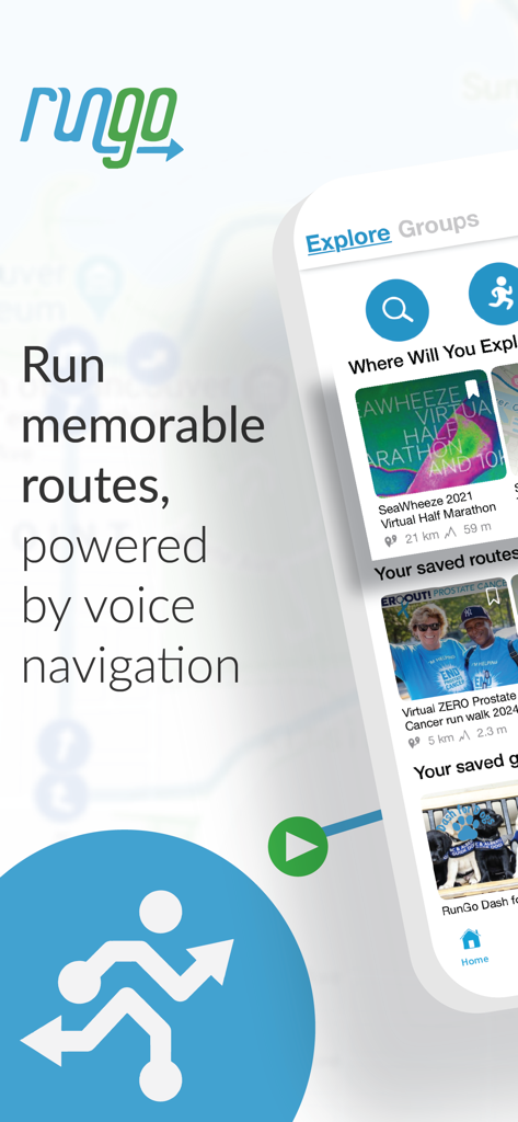 RunGo - The Best Routes to Run - RunGo mobile app interface featuring voice navigation and route exploration for runners