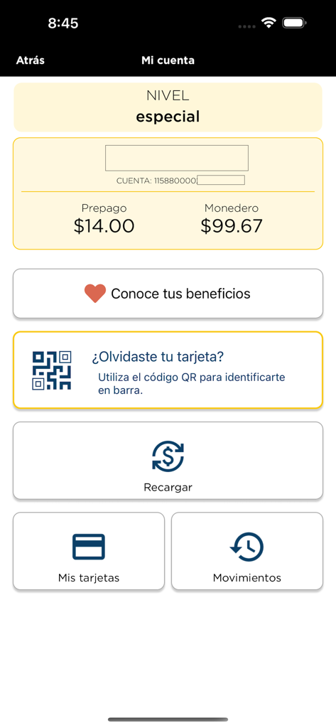 Círculo andatti - Pantalla Mi Cuenta de la aplicación Círculo andatti que muestra el saldo prepagado y el monedero de recompensas de lealtad