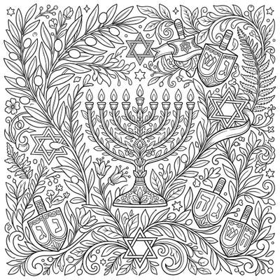 Immerse yourself in the festive spirit of Hanukkah with this intricate coloring page, combining traditional symbols like the menorah and dreidels with lush botanical elements. It offers a unique and relaxing way to celebrate the holiday, bringing nature's beauty to your creative journey.
