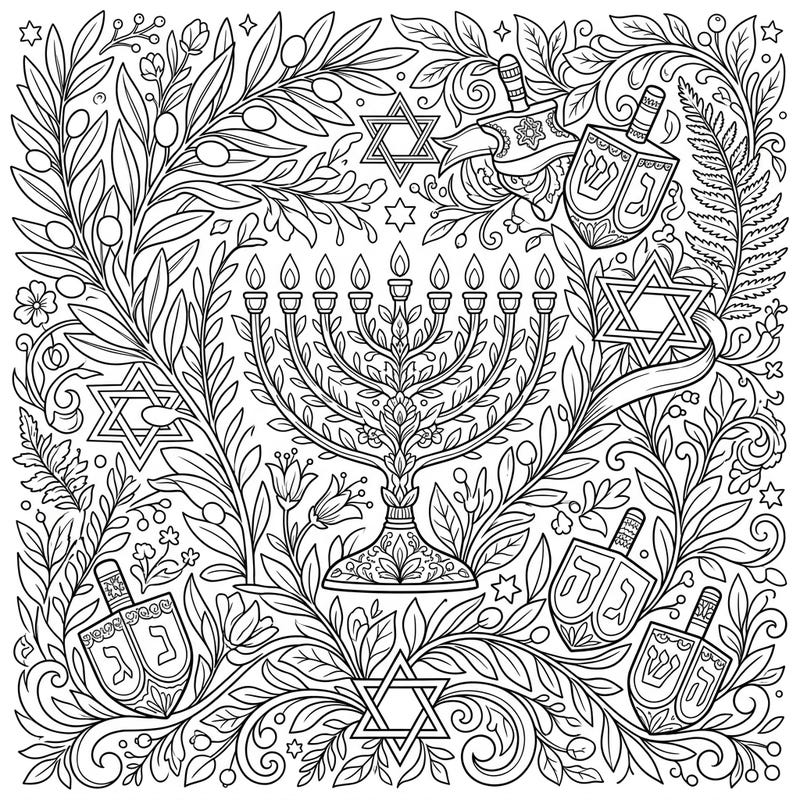 Immerse yourself in the festive spirit of Hanukkah with this intricate coloring page, combining traditional symbols like the menorah and dreidels with lush botanical elements. It offers a unique and relaxing way to celebrate the holiday, bringing nature's beauty to your creative journey.