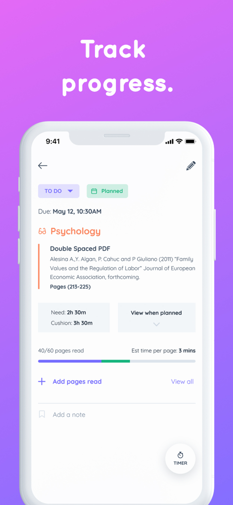 Mobile screen showing progress tracking for a psychology task in the Shovel app.