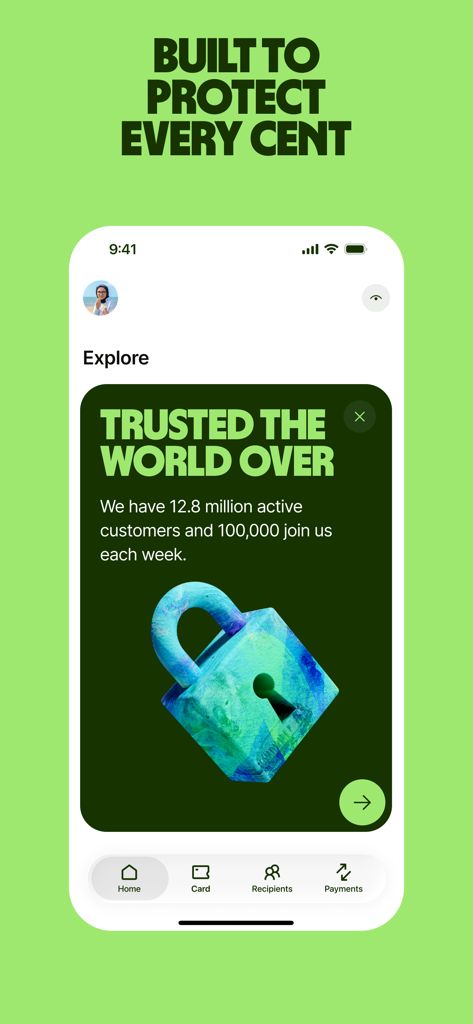 Wise - Global Money - Interface de l'application Wise mettant en avant la confiance mondiale et la sécurité du compte avec une illustration de cadenas