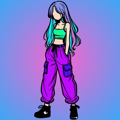girl in baggy pants crop top and long hair