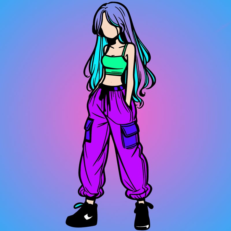 girl in baggy pants crop top and long hair