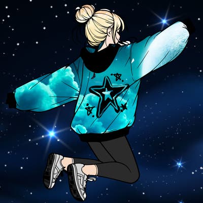 realistic girl jumping with a bun and oversized sweatshirt