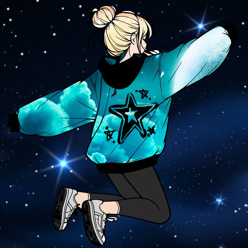 realistic girl jumping with a bun and oversized sweatshirt