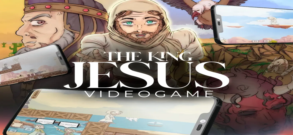 The king Jesus Videogame Spa - 예수님과 다양한 캐릭터, 게임 내 모바일 스크린샷으로 둘러싸인 주님 예수 게임의 홍보 아트워크