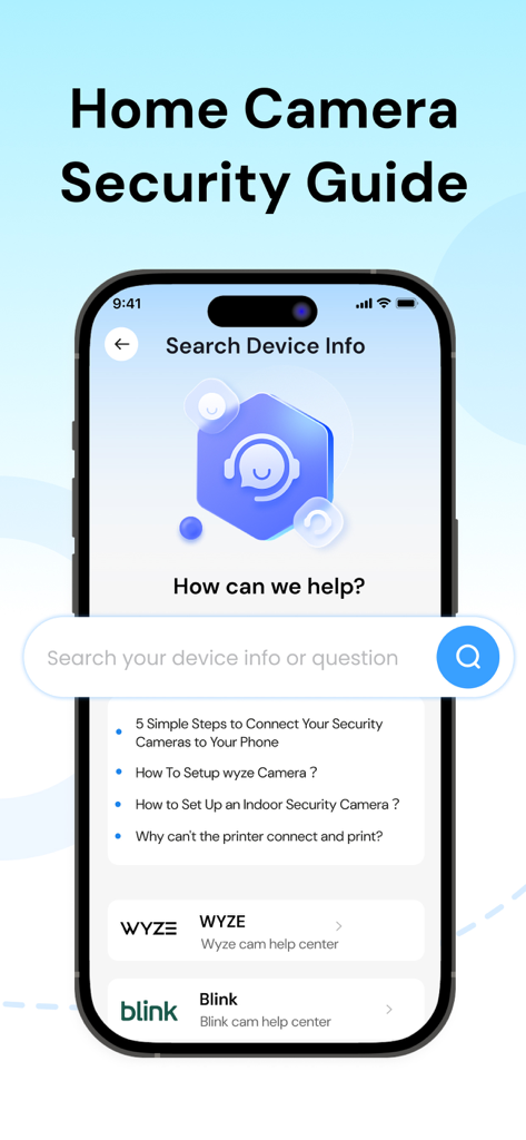 Security Camera app interface showing the home camera security guide with search bar and setup articles