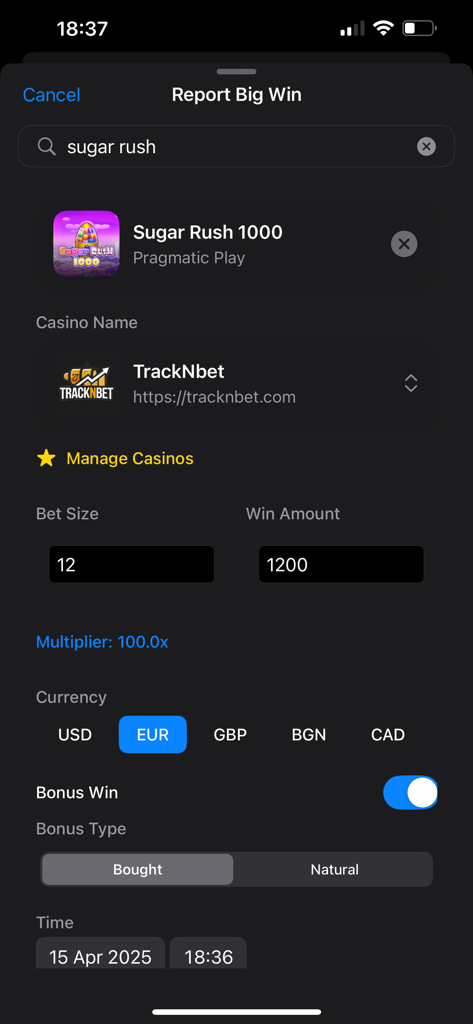 TrackNbet - Interface of the TrackNbet app for reporting a big win on a casino slot game.