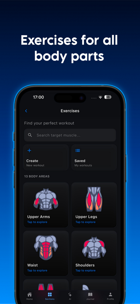 GlowUp Daily: Improve Yourself - Interfaz de la aplicación GlowUp Daily que muestra categorías de ejercicios para diferentes partes del cuerpo como brazos y piernas