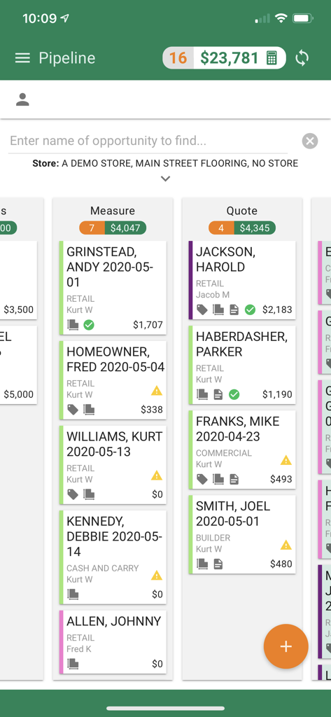 RFMS CRM - RFMS CRM sales pipeline dashboard showing measure and quote stages for a flooring business