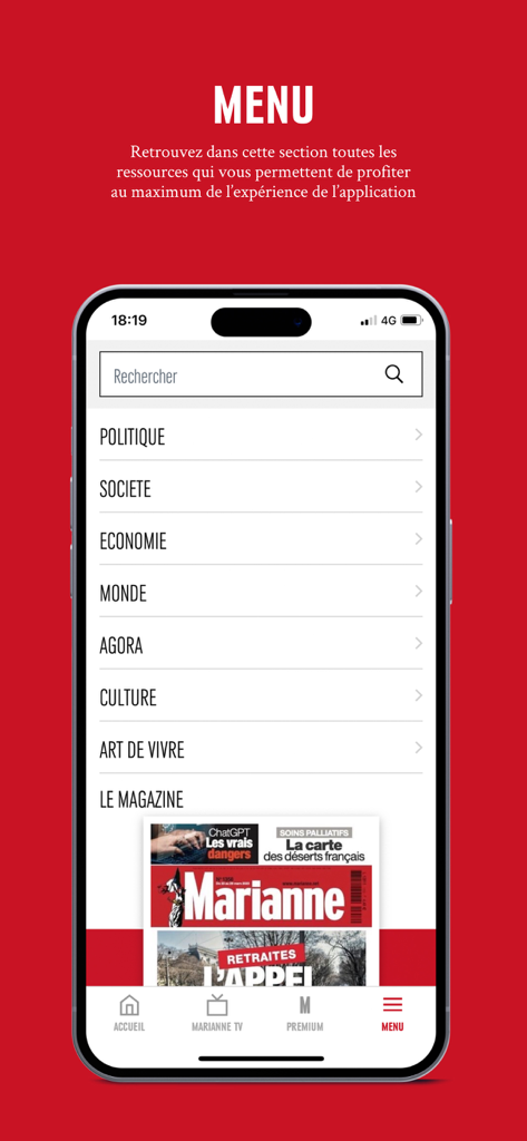 Marianne - Actualités & Débats - Le menu de navigation de l'application d'actualités Marianne affichant les catégories éditoriales et une barre de recherche.